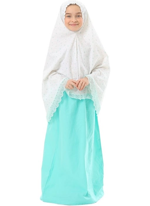 Elanesa  Girl Child Prayer Dress Mint Color Star Printed Lace Detailed  - Image 1