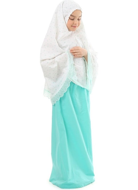Elanesa  Girl Child Prayer Dress Mint Color Star Printed Lace Detailed  - Image 2