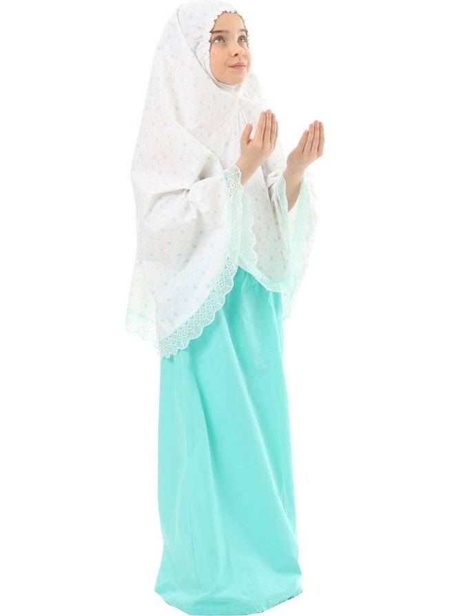 Elanesa  فستان صلاة للبنات من Elanesa بلون النعناع مع تفاصيل من الدانتيل ومطبوع على شكل نجمة  - Image 4