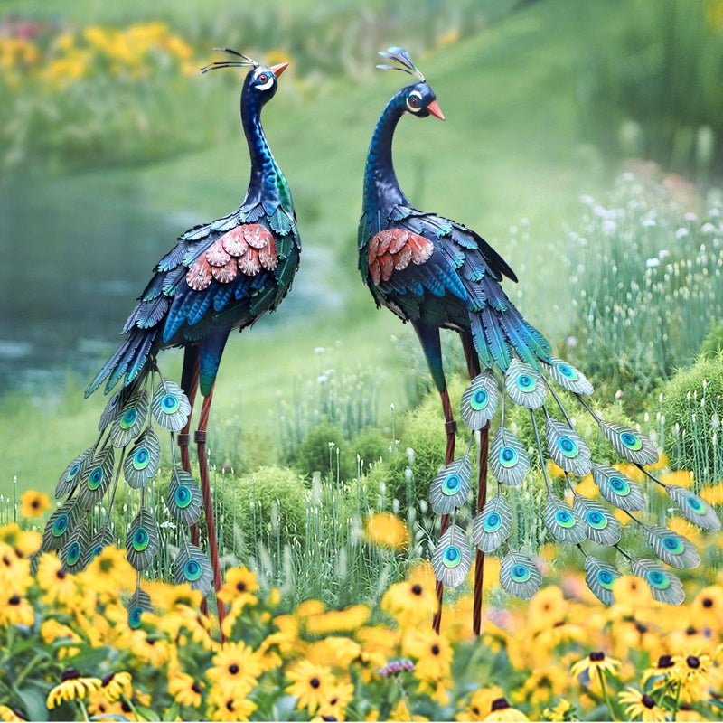 chisheen Garden Decor Outdoor Statues Metal Peacock Decor for Outside Garden Art Sculptures Standing for Patio Yard Lawn Home Decorations Set of 2