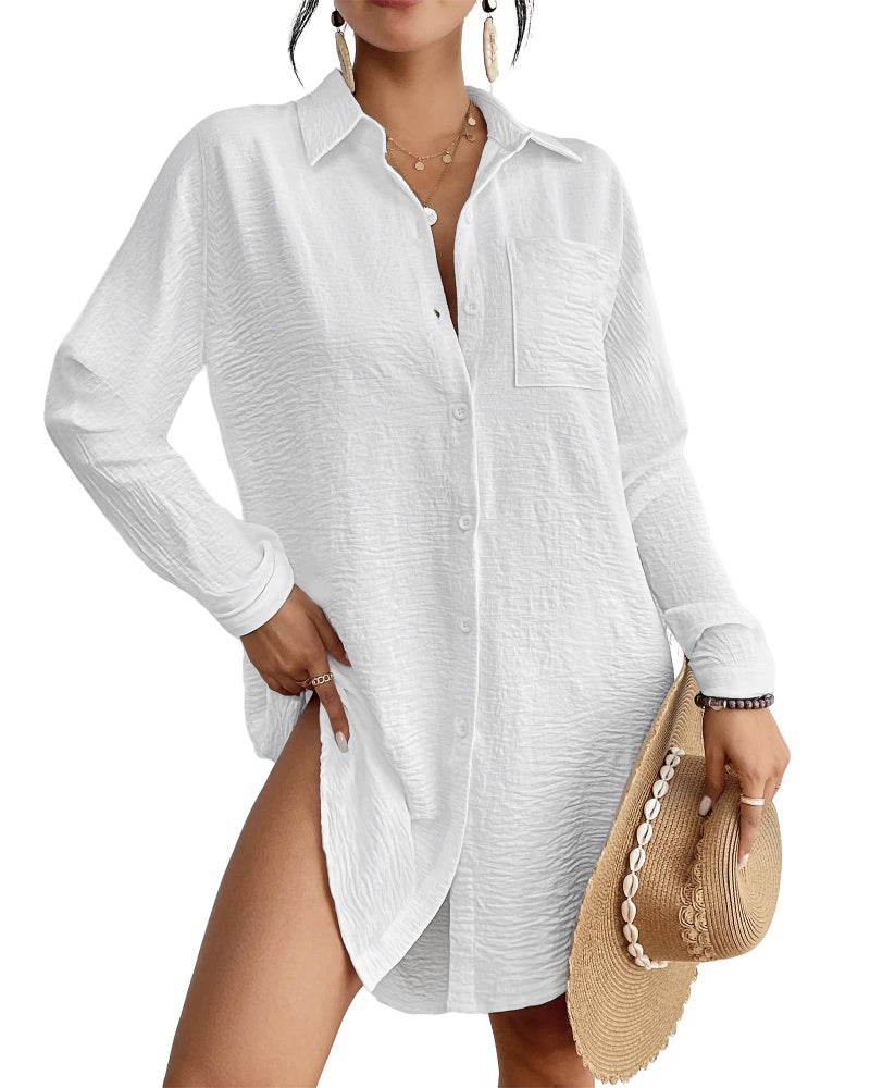 Bsubseach Swimsuit Coverup for Women Button Down Beach Cover Ups Long Sleeve Shirt Dress Modern Blouse Top White L - Image 1