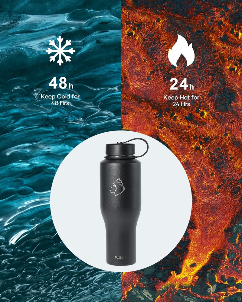 BUZIO 40oz Tumbler with Handle Straw Lid and Flex Lid, 40 oz Insulated Water Bottle Fits in Car Cup Holder, Double Wall Stainless Steel Travel Flask, Keeps Cold for 48 Hrs, Hot for 24 Hrs, Black - Image 3