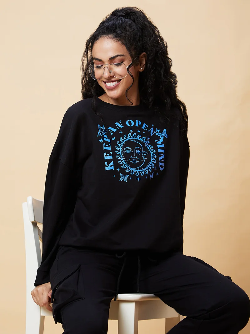 globus Globus Women Black Typography Printed Pure Cotton Pullover