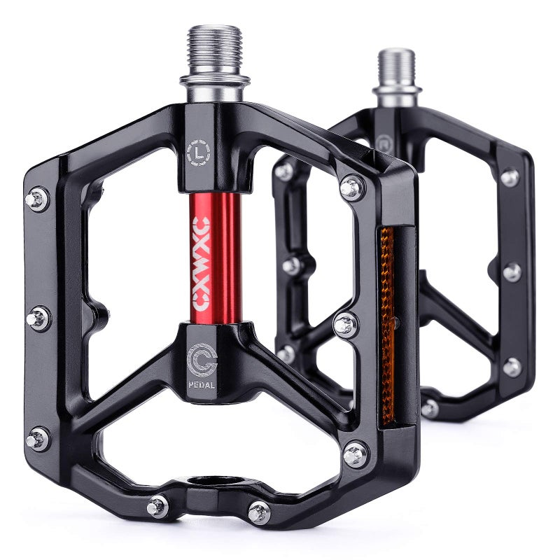 CXWXC Road/MTB Bike Pedals - Aluminum Alloy Bicycle Pedals - Mountain Bike Pedal with Removable Anti-Skid Nails (A: Black-Red) - Image 1