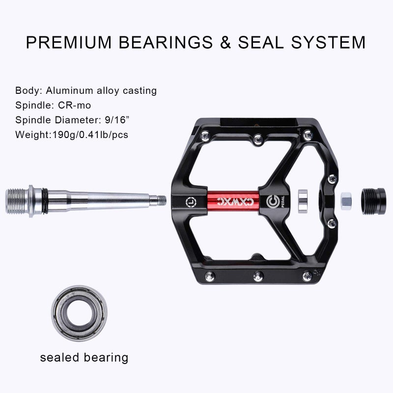 CXWXC Road/MTB Bike Pedals - Aluminum Alloy Bicycle Pedals - Mountain Bike Pedal with Removable Anti-Skid Nails (A: Black-Red) - Image 4