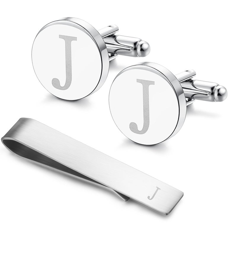 LOYALLOOK Classic Engraved Initial Cufflinks and Tie Clip Bar Set Alphabet Letter Formal Business Wedding Shirts J - Image 1