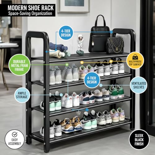EXVITO Metal Shoe Rack for Home - Adjustable & Stackable Waterproof Open 4-Tier Shoe Rack for Closet Entryway, Bedroom, Outdoor, DIY Multi-Purpose Carbon Steel Shoe Stand - Black - Image 3