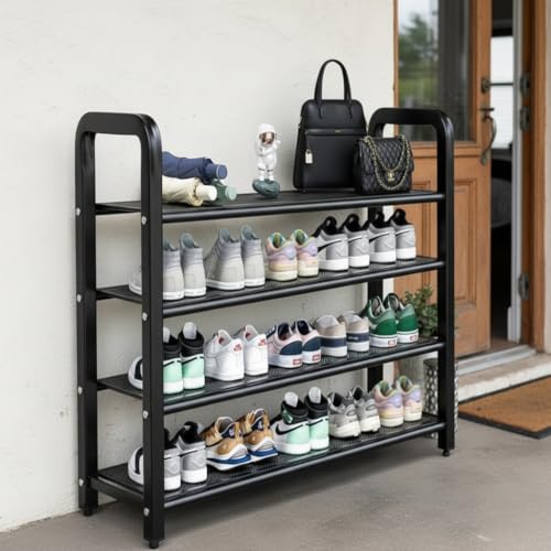 EXVITO Metal Shoe Rack for Home - Adjustable & Stackable Waterproof Open 4-Tier Shoe Rack for Closet Entryway, Bedroom, Outdoor, DIY Multi-Purpose Carbon Steel Shoe Stand - Black - Image 1