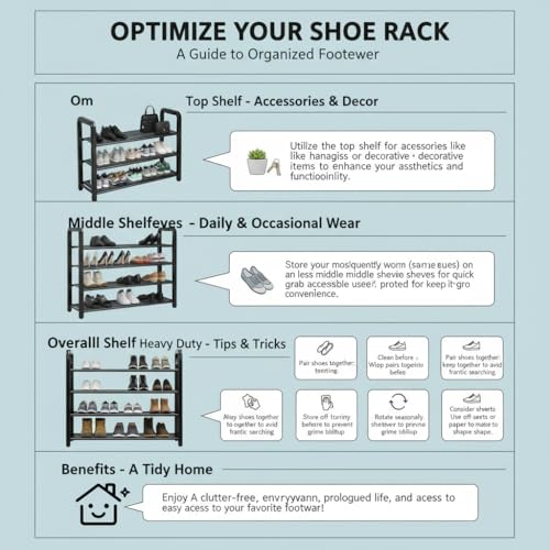 EXVITO Metal Shoe Rack for Home - Adjustable & Stackable Waterproof Open 4-Tier Shoe Rack for Closet Entryway, Bedroom, Outdoor, DIY Multi-Purpose Carbon Steel Shoe Stand - Black - Image 5