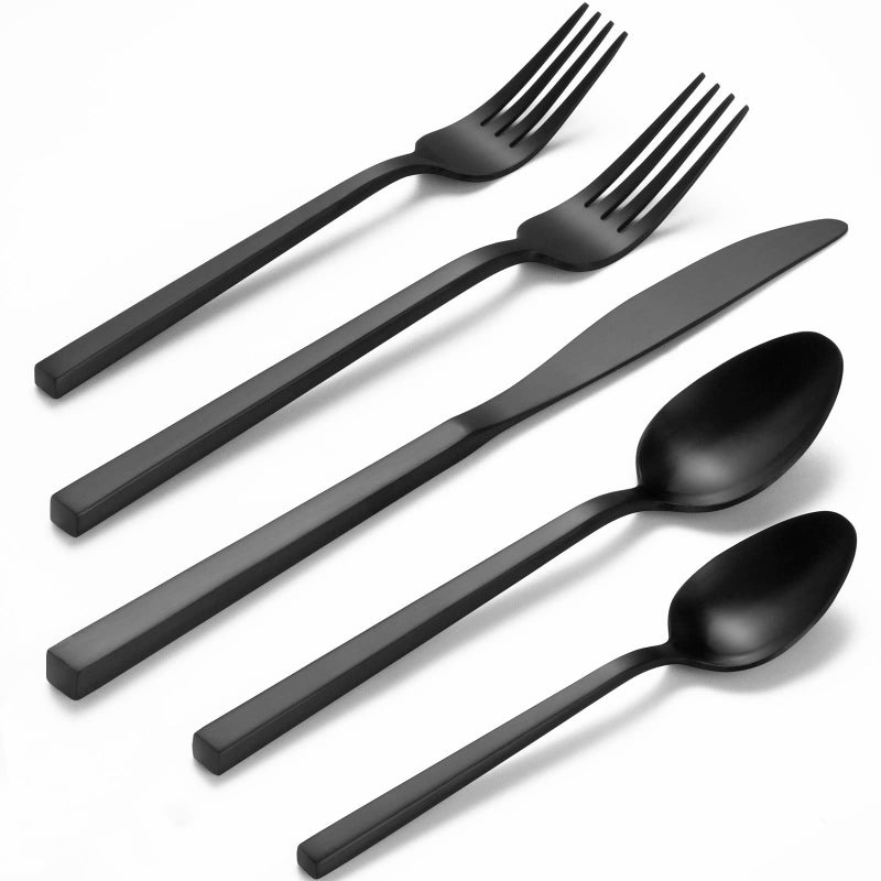 Alata Cube Black 20-Piece Forged Silverware Set Stainless Steel Flatware Set,Service for 4,Matte Satin Polished Cutlery Set,Dishwasher Safe - Image 1