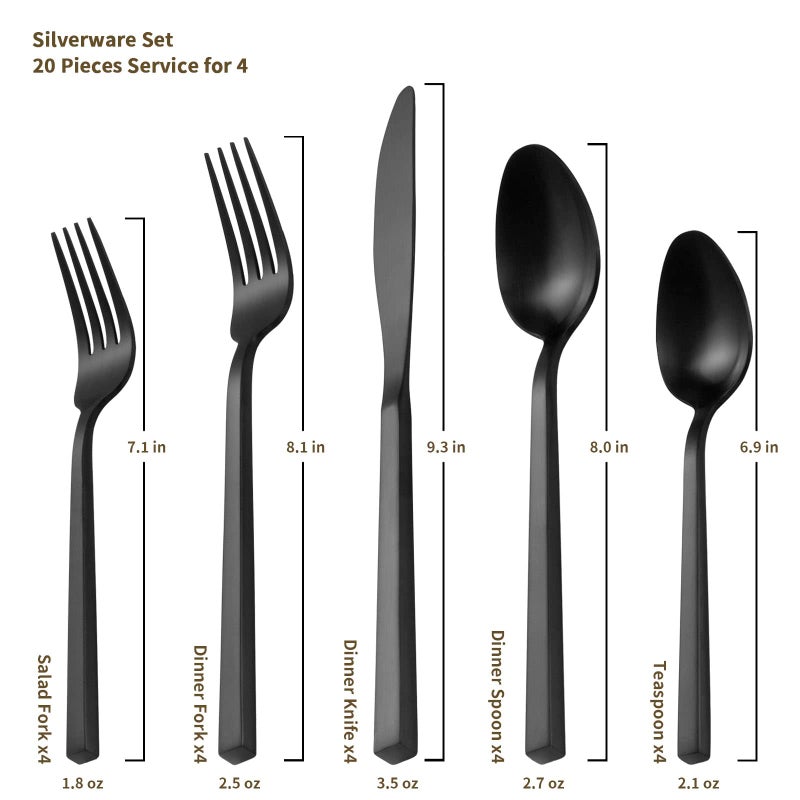 Alata Cube Black 20-Piece Forged Silverware Set Stainless Steel Flatware Set,Service for 4,Matte Satin Polished Cutlery Set,Dishwasher Safe - Image 5