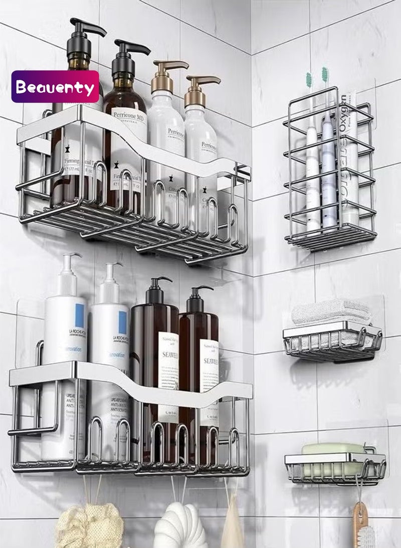 Beauenty Shower Caddy 5 Pack,Adhesive Shower Organizer for Bathroom Storage&Home Decor&Kitchen,No Drilling,Large Capacity,Rustproof Stainless Steel Bathroom Organizer,Shower Shelves for Inside Shower-Larger - Image 1