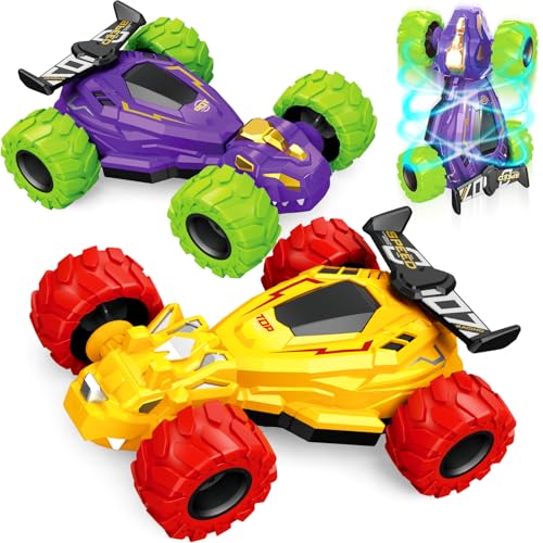 ZYSUN Toddler Monster Truck ToysDinosaur Toys for Ages 34 Friction Spin Stunt Race Cars2 PCS Push and Go Baby Toy CarsOff Road 360 Rotating TrucksChristmas Birthday Gifts for Kids Yellow and Purple - Image 1