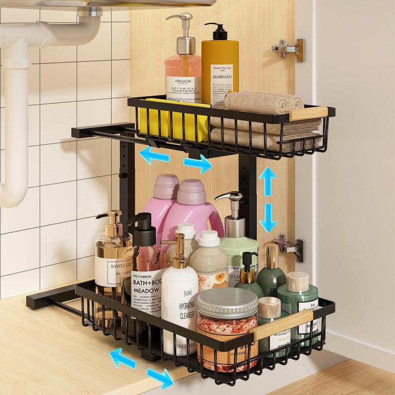 REALINN Under Sink Organizer Height Adjustable Under Sink Organizers and Storage 2 Tier Pull Out Drawer Cabinet Storage for Kitchen Bathroom 1 Pack