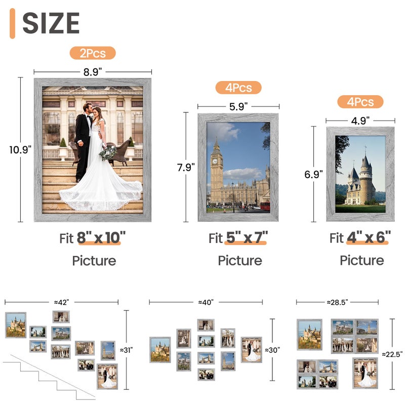 upsimples 10 Pack Picture Frames Collage Wall Decor for Mounting or Tabletop Display, Photo Gallery Frame Set for Family, Multi Sizes Including 8x10, 5x7, 4x6, Gray - Image 2