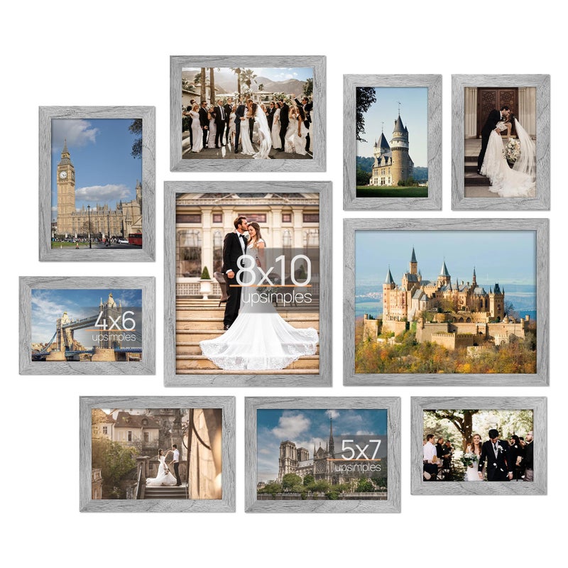 upsimples 10 Pack Picture Frames Collage Wall Decor for Mounting or Tabletop Display, Photo Gallery Frame Set for Family, Multi Sizes Including 8x10, 5x7, 4x6, Gray - Image 1