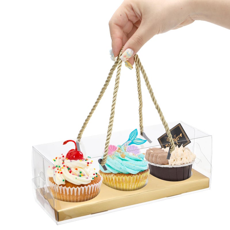 Coloch 24 Pack Clear Cupcake Box with Handle, 9 x 3 x 3 In 3 Count Plastic Cupcake Container Baked Dessert Box, for Cupcake, Dessert, Muffins, Party, Wedding - Image 4