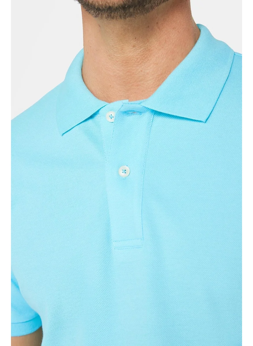 Tudors Men's Slim Fit Narrow Cut Cotton Plain Pique Blue Polo Collar T-Shirt