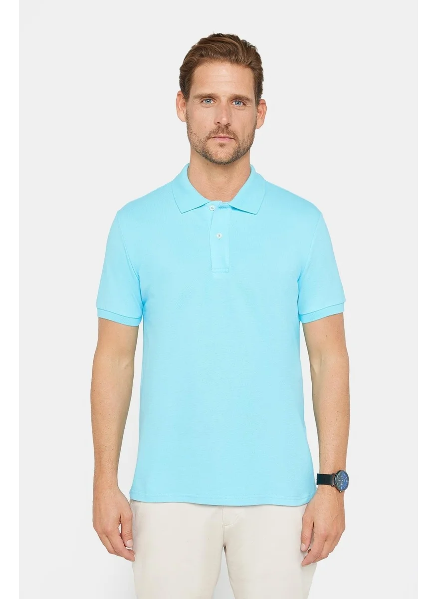 Tudors Men's Slim Fit Narrow Cut Cotton Plain Pique Blue Polo Collar T-Shirt