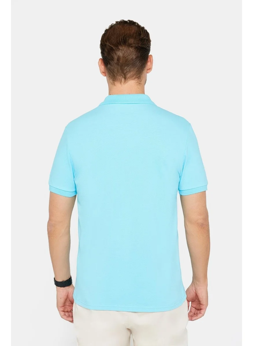 Tudors Men's Slim Fit Narrow Cut Cotton Plain Pique Blue Polo Collar T-Shirt