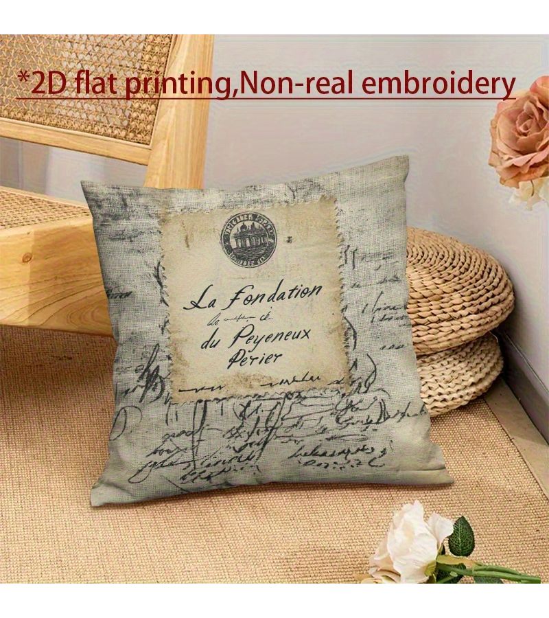 One Vintage French Script Throw Pillow Cover 16x16 Inch Made Of Polyester Featuring The Design La Fondation Du Peyeneux Paris Zip Closure Suitable For Hand Washing - Image 3
