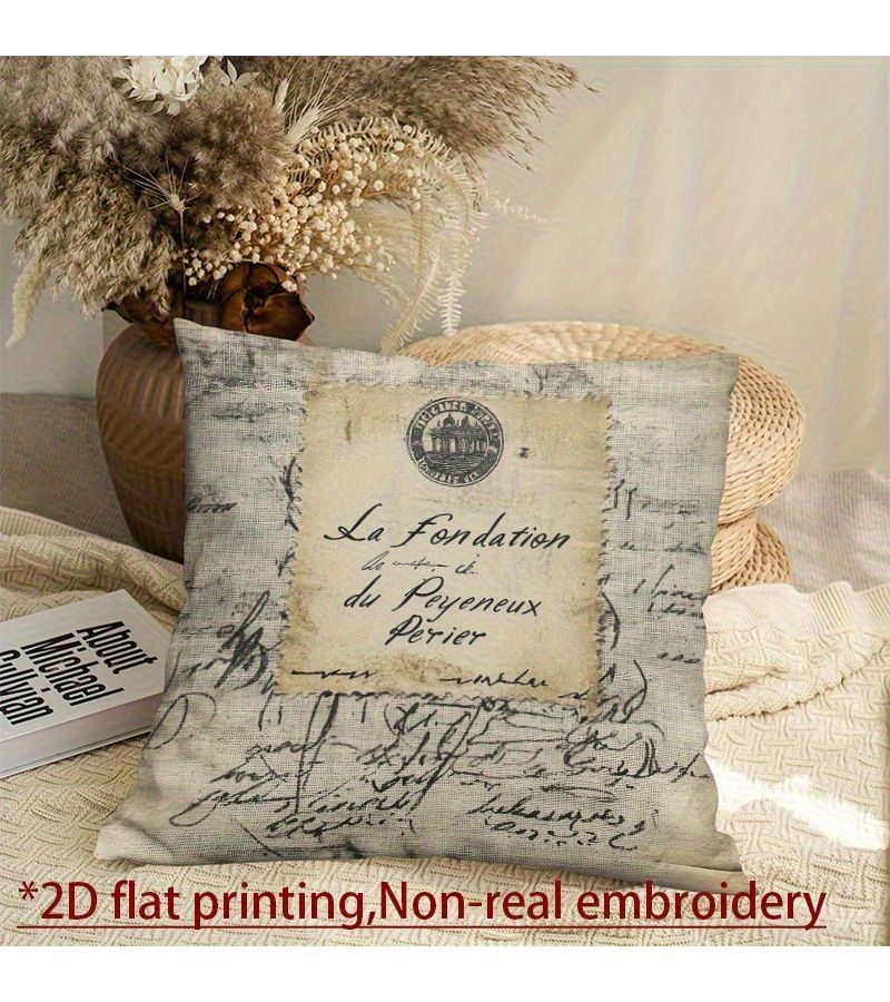 One Vintage French Script Throw Pillow Cover 16x16 Inch Made Of Polyester Featuring The Design La Fondation Du Peyeneux Paris Zip Closure Suitable For Hand Washing - Image 4