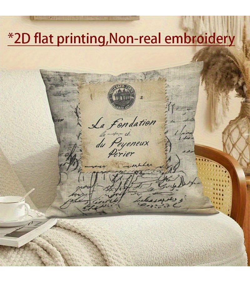 One Vintage French Script Throw Pillow Cover 16x16 Inch Made Of Polyester Featuring The Design La Fondation Du Peyeneux Paris Zip Closure Suitable For Hand Washing - Image 1