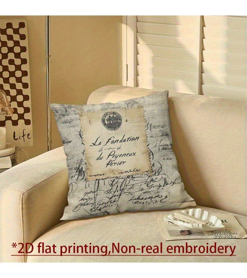One Vintage French Script Throw Pillow Cover 16x16 Inch Made Of Polyester Featuring The Design La Fondation Du Peyeneux Paris Zip Closure Suitable For Hand Washing - Image 5