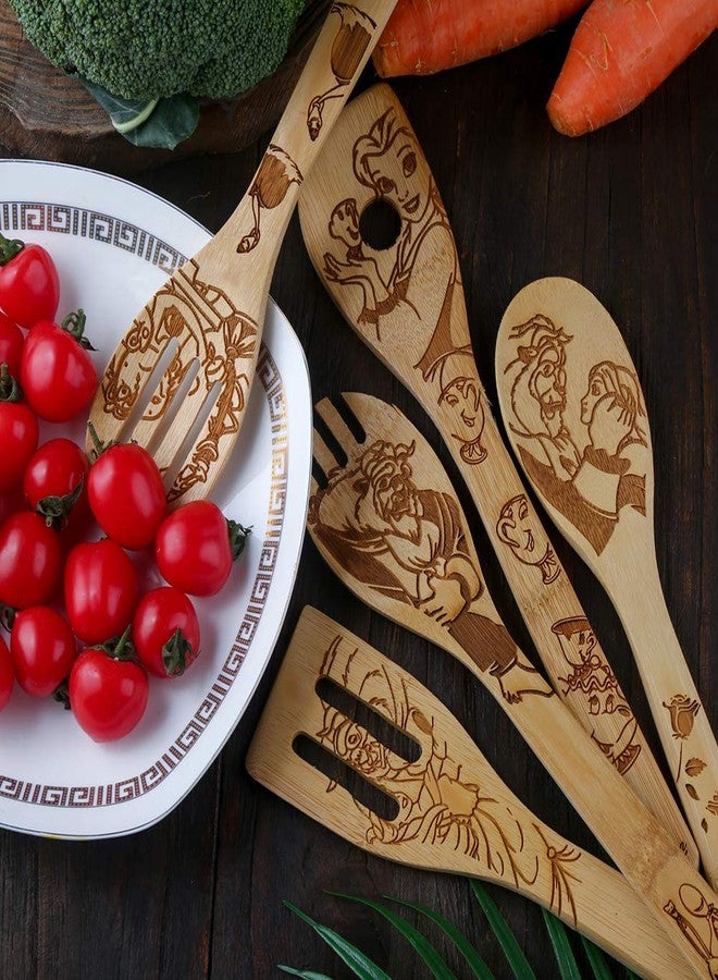 HYGNN Beauty and the Beast Burned Wooden Spoons Cooking &Serving Utensils Set Bamboo Spoon Slotted Kitchen Utensil Fun Gift Idea Warming Present (Set of 5) - Image 5