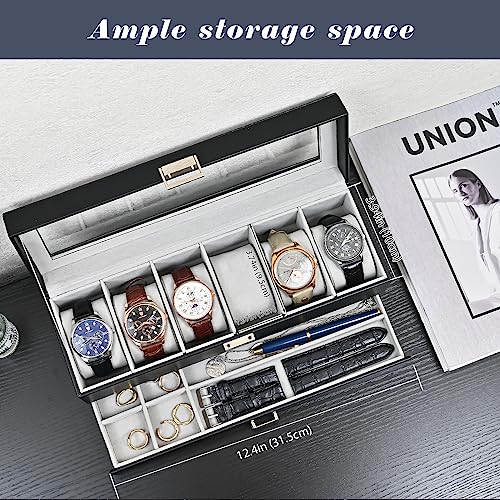 ProCase Watch Box for Men, 6 Slot Watch Display Case with Drawer, Mens Watch Case With Glass Lid, 2-Layer Jewelry and Watch Storage Watch Holder Organizer for Men Women -6 Slot, Black - Image 2