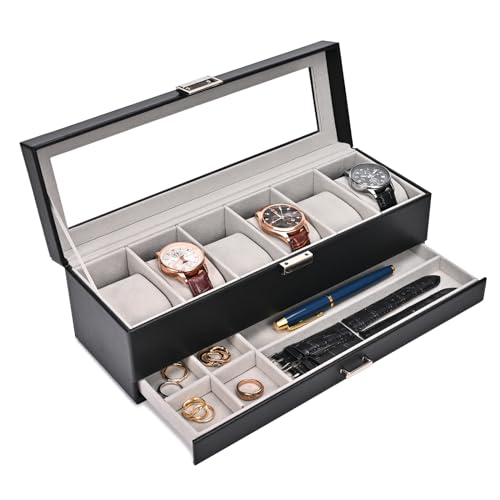 ProCase Watch Box for Men, 6 Slot Watch Display Case with Drawer, Mens Watch Case With Glass Lid, 2-Layer Jewelry and Watch Storage Watch Holder Organizer for Men Women -6 Slot, Black - Image 1