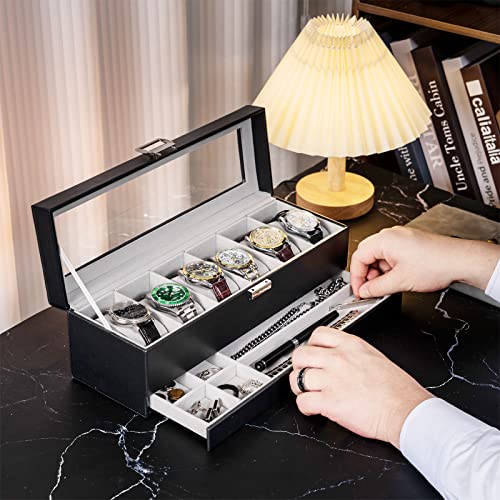 ProCase Watch Box for Men, 6 Slot Watch Display Case with Drawer, Mens Watch Case With Glass Lid, 2-Layer Jewelry and Watch Storage Watch Holder Organizer for Men Women -6 Slot, Black - Image 5