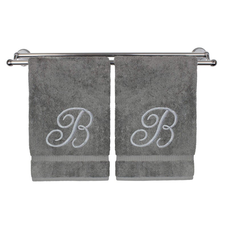 Monogrammed Hand Towel Personalized Gift 16 x 30 Inches Set of 2 Silver Embroidered Towel Extra Absorbent 100 Turkish Cotton Soft Terry Finish for Bathroom Kitchen and Spa Script B Gray