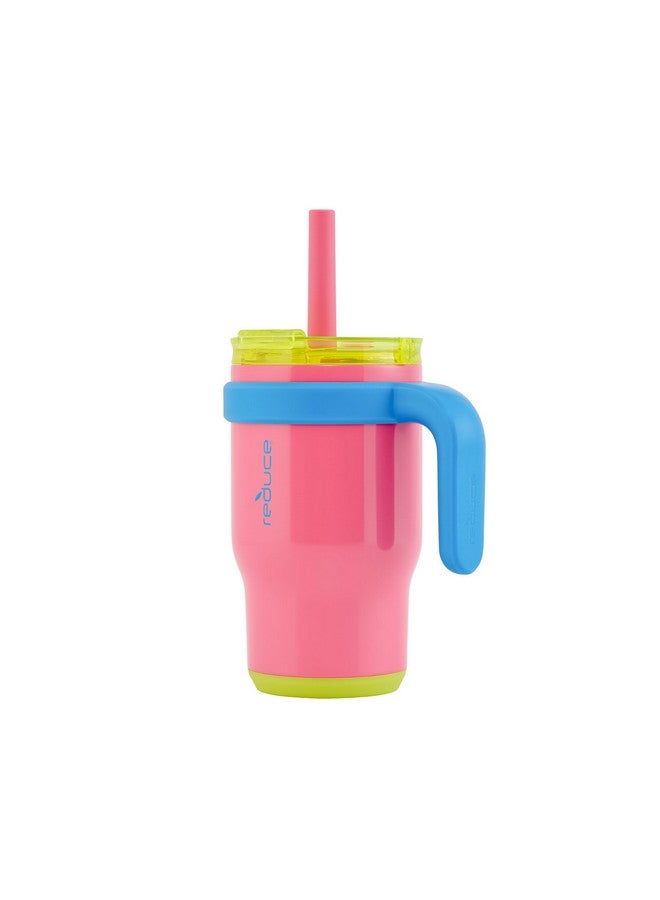 REDUCE 14 Oz Coldee Kids Tumbler with Lid and Straw - Coldee Insulated Travel Mug - Spill-Proof, Sweatproof Stainless Steel, BPA-Free - Includes Handle, Reusable Silicone Straw - Taffy Pink - Image 2
