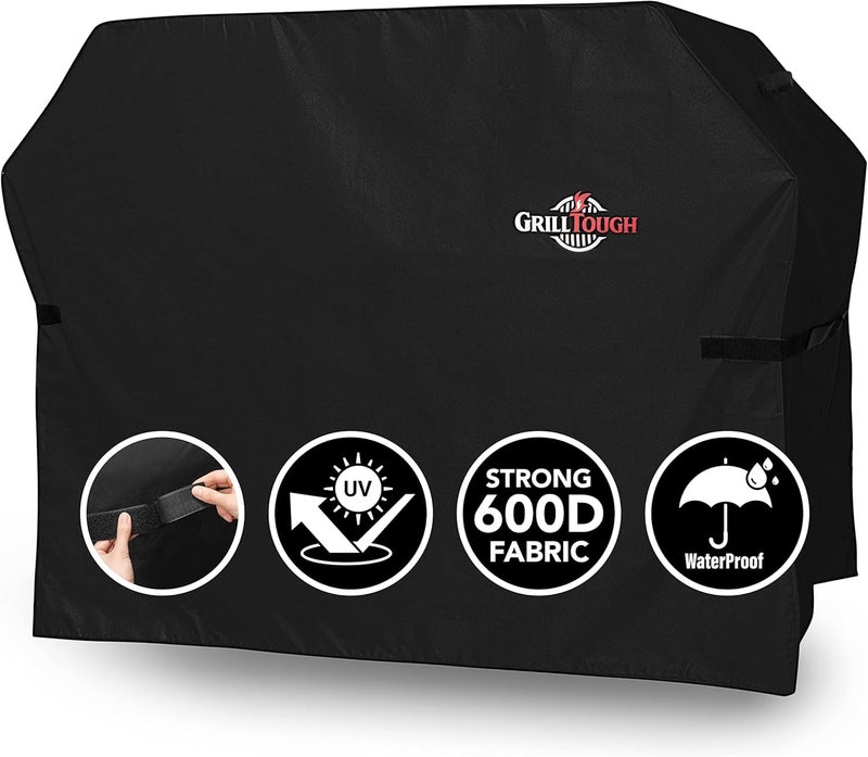 غطاء شواء خارجي ثقيل من GrillTough – مقاوم للماء، مقاوم للطقس، مقاوم للأشعة فوق البنفسجية والبهتان مع أحزمة قابلة للتعديل – غطاء شواء غاز لـ Weber وCharbroil (183L × 66W × 130H سم) نقل واستخدام معا - Image 1