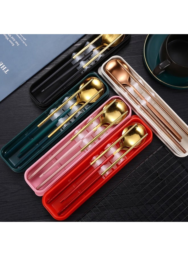 Stainless Steel Portable Tableware Chopsticks Spoon Fork Three-piece Set Student Travel Tableware Suit Single Convenient Box-Specifications:Black With Gold (best-selling Model) - Silver Chopsticks (no Anti-slip Pattern) - Image 3