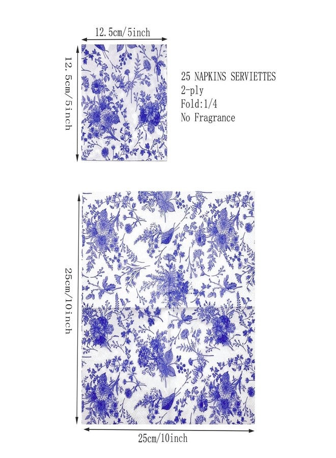 WRAPAHOLIC 25Pcs Blue Floral Cocktail Napkins - Blue and White Toile Paper Napkins for Bridal, Baby Shower, Tea Party, Garden Party, Birthday - 5 x 5 In - Image 2