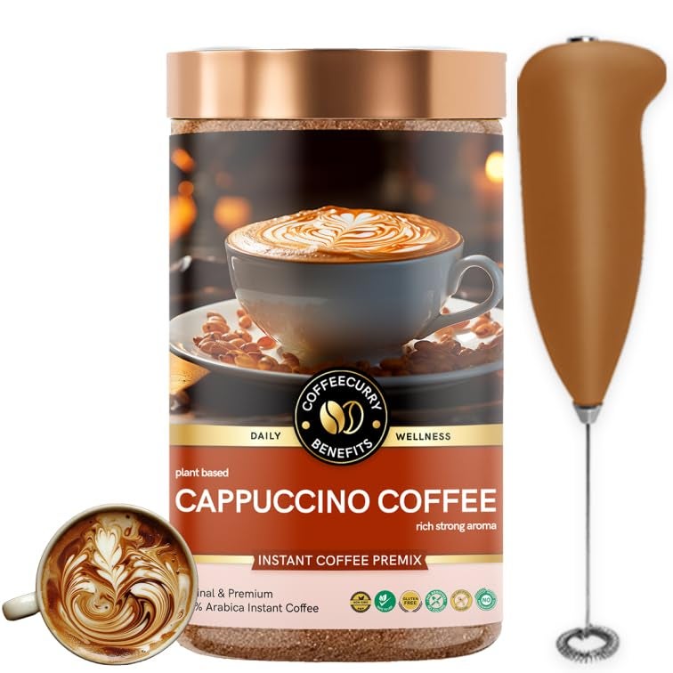 CoffeeCurry Cappuccino Premix Coffee (140 Grams) with Frother - Rich & Creamy Cafe-Style | Instant Cappuccino Hot or Iced Coffee - Image 1