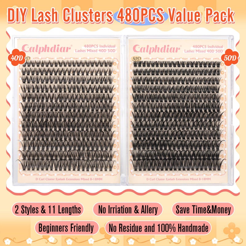 calphdiar Lash Clusters Wispy Eyelash Clusters 480PCS 40D+50D Individual Lashes Clusters D-curly Cluster Eyelash Extensions 8-18mm DIY Natural Volume Lash Extension for Beginners - Image 2