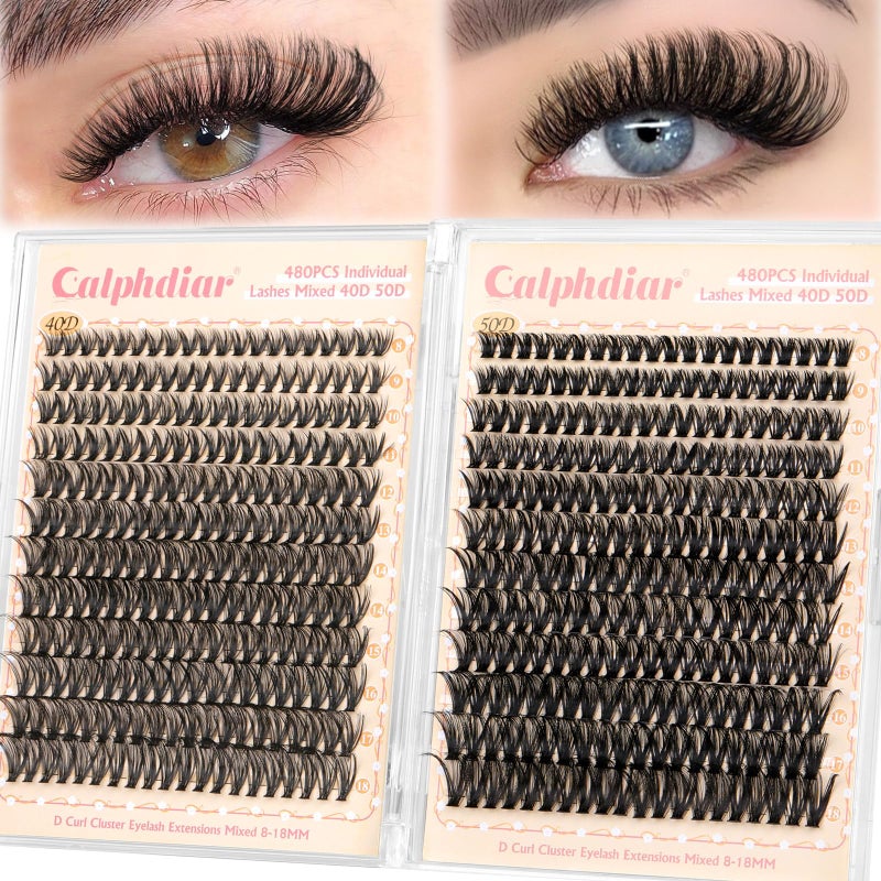 calphdiar Lash Clusters Wispy Eyelash Clusters 480PCS 40D+50D Individual Lashes Clusters D-curly Cluster Eyelash Extensions 8-18mm DIY Natural Volume Lash Extension for Beginners - Image 1