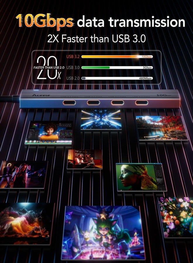 موزع Aceele USB-C بسرعة 10 جيجابت في الثانية، موزع USB 3.2 من الجيل الثاني بأربعة منافذ، موزع USB-C إلى USB-C مع منفذ طاقة من النوع C، كابل تمديد بطول قدمين، محول بيانات USB-C لأجهزة MacBook Pro وMacBook وSamsung Chromebook وغيرها - Image 4