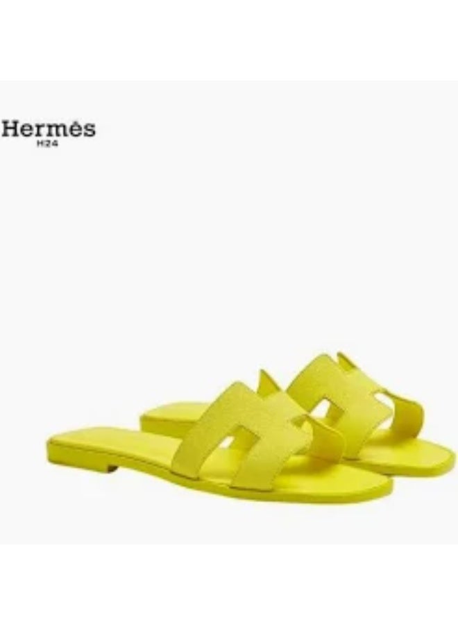 Hermes H24 Oran Calfskin Open-Toe Slip-On H-Shaped Cutout Flats for Women Summer , Bright Yellow