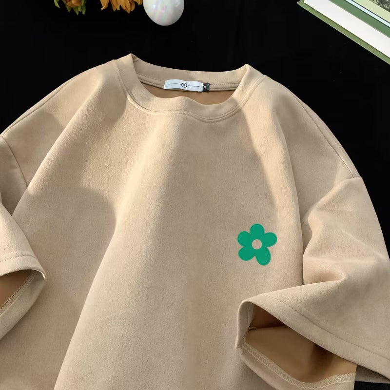American-Style Retro Round Neck Short-Sleeved T-Shirt Men'S Summer Suede Heavy-Weight Hong Kong-Style Design Loose Couple'S Half-Sleeved Top T - Image 1