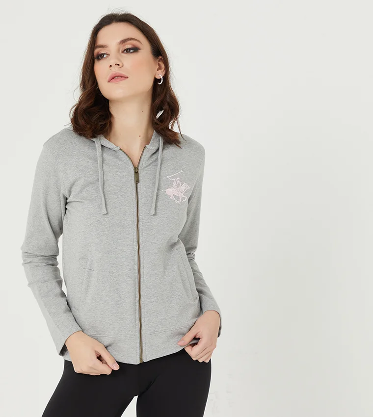 Beverly Hills Polo Club Logo Long Sleeves Zip-Through Hoodie with Split Pocket