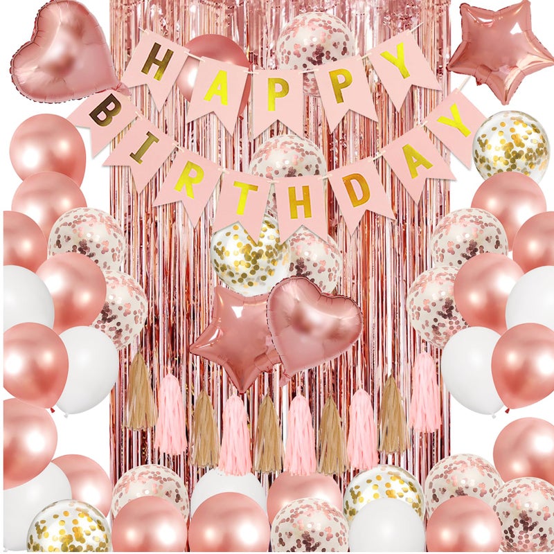 Amandir Rose Gold Birthday Party Decorations Kit Confetti Foil Rose Gold Balloons Happy Birthday Banner Tassels Metallic Fringe Curtains Valentines day 30th 40th 50th 60th Party Supplies for Women - Image 2