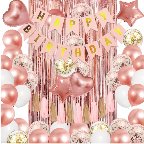 Amandir Rose Gold Birthday Party Decorations Kit Confetti Foil Rose Gold Balloons Happy Birthday Banner Tassels Metallic Fringe Curtains Valentines day 30th 40th 50th 60th Party Supplies for Women - Image 1