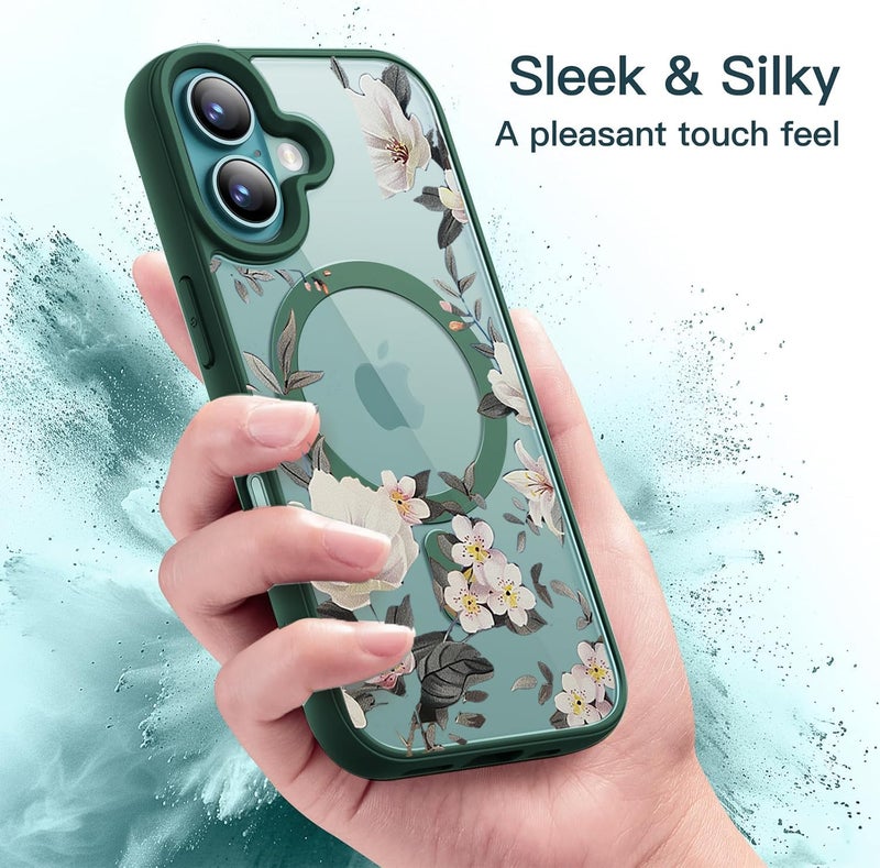 VONZEE Compatible with iPhone 16 Case Luxury Retro Flowers Floral Clear for Magnetic Wireless Charging Case Shockproof Case PC+TPU Cute Glossy Shiny Cover for Girls Women, 6.1'' Green - Image 5