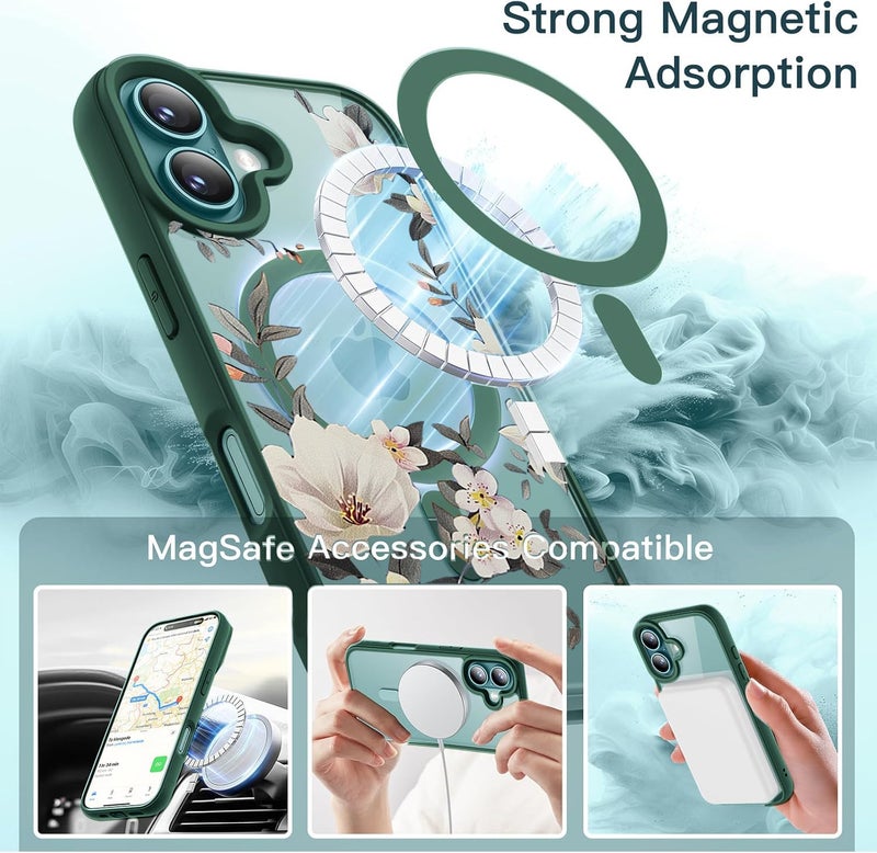 VONZEE Compatible with iPhone 16 Case Luxury Retro Flowers Floral Clear for Magnetic Wireless Charging Case Shockproof Case PC+TPU Cute Glossy Shiny Cover for Girls Women, 6.1'' Green - Image 3