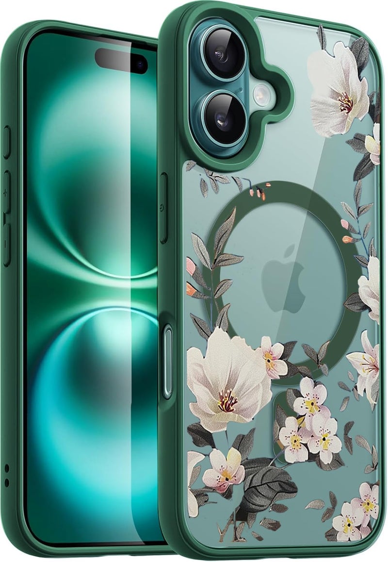 VONZEE Compatible with iPhone 16 Case Luxury Retro Flowers Floral Clear for Magnetic Wireless Charging Case Shockproof Case PC+TPU Cute Glossy Shiny Cover for Girls Women, 6.1'' Green - Image 1