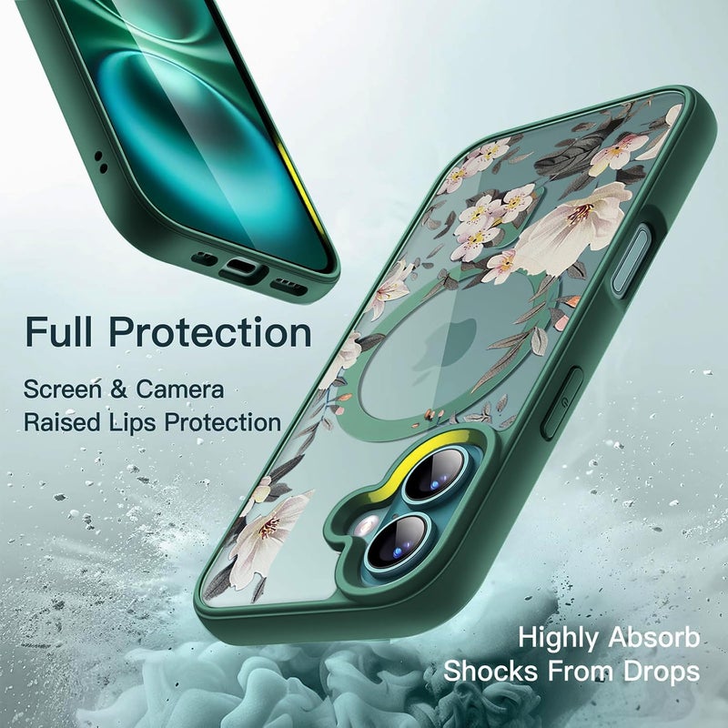 VONZEE Compatible with iPhone 16 Case Luxury Retro Flowers Floral Clear for Magnetic Wireless Charging Case Shockproof Case PC+TPU Cute Glossy Shiny Cover for Girls Women, 6.1'' Green - Image 4